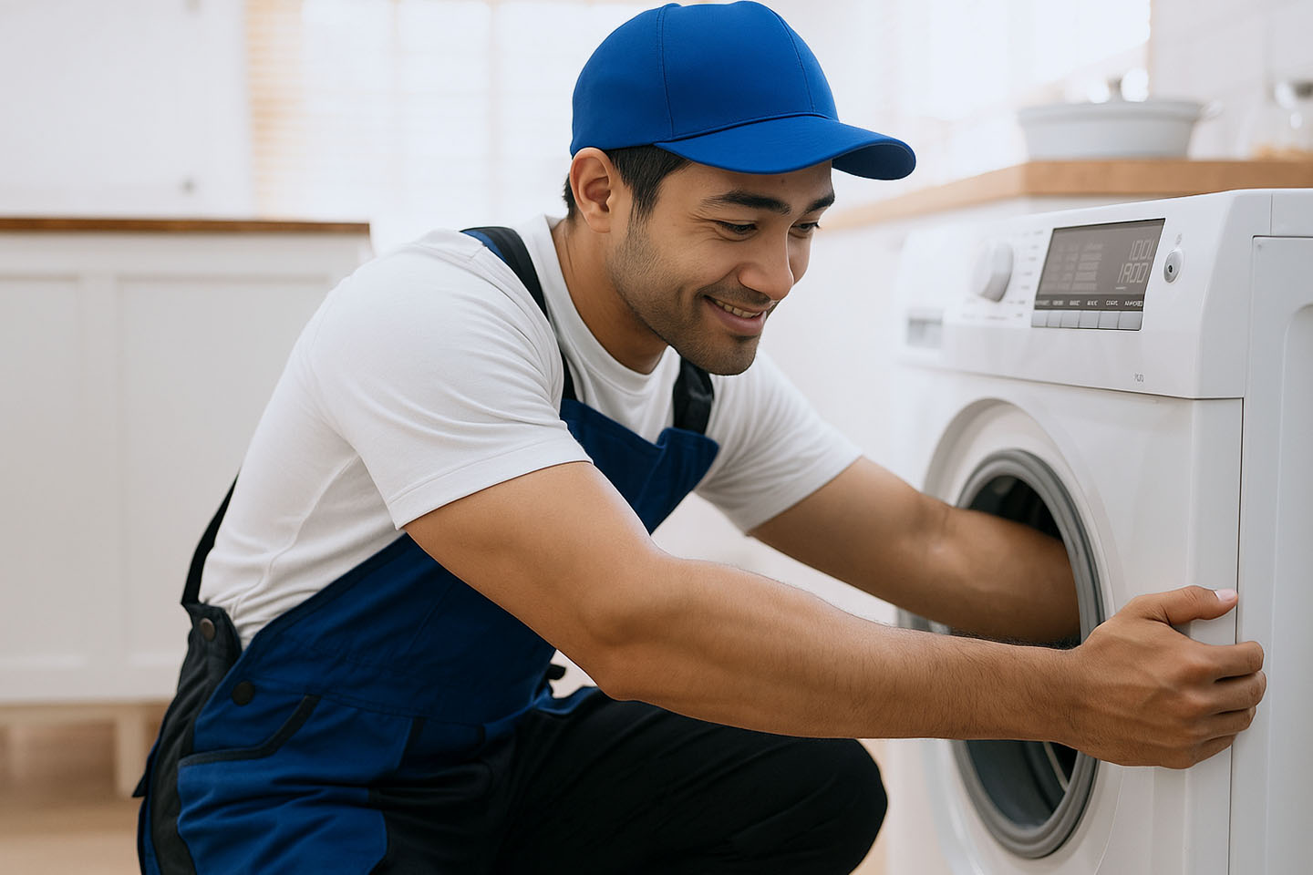 Smiling professional in a blue cap inspecting a dryer